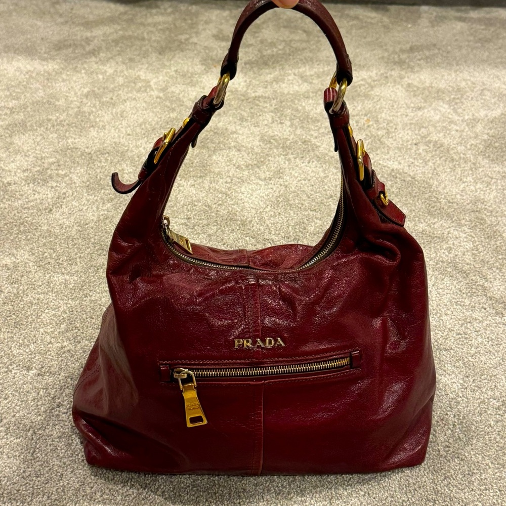 Prada Burgundy Leather Hobo Bag with Gold Hardware